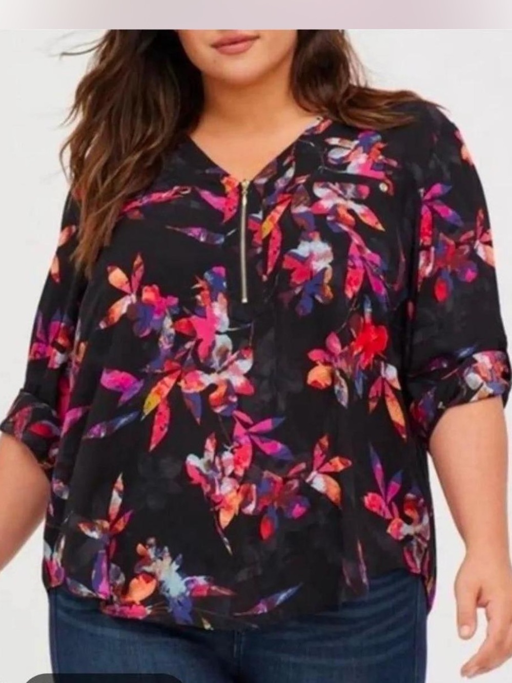Torrid Harper Black Floral Print Zip Front 3/4 Sleeve Blouse Size 1X